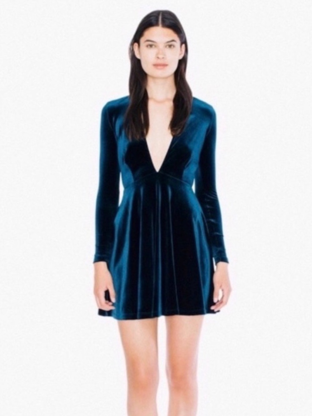 American Apparel Emerald Velvet Plunge Long-Sleeve Mini Dress